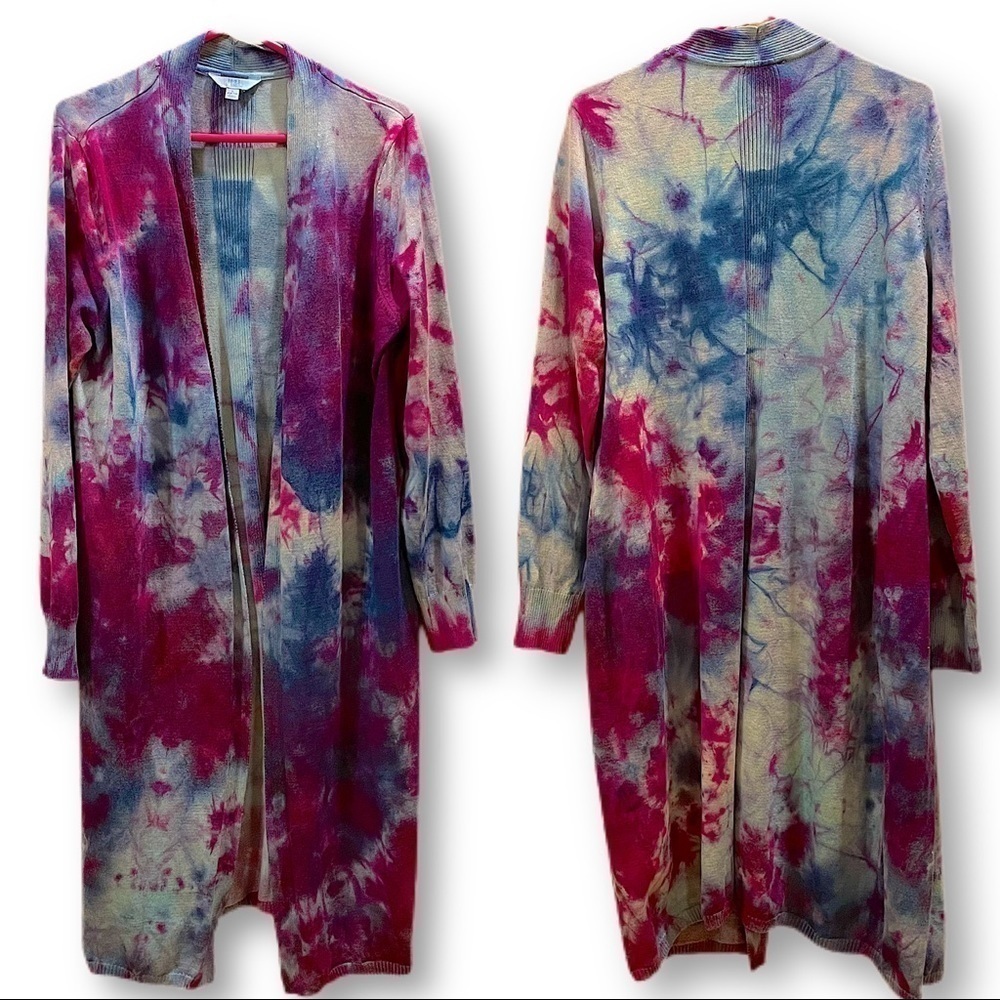 Tie dye cardigan duster festival boho ice open front long sleeve jacket L